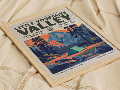 Little Yosemite Valley, Yosemite National Park Poster | Hiker Gift | Backcountry Trail Wall Art — styled in a modern interior