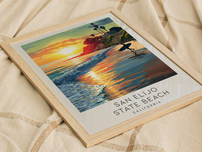 San Elijo State Beach Matte Border Poster | California Travel Wall Art — styled in a modern interior