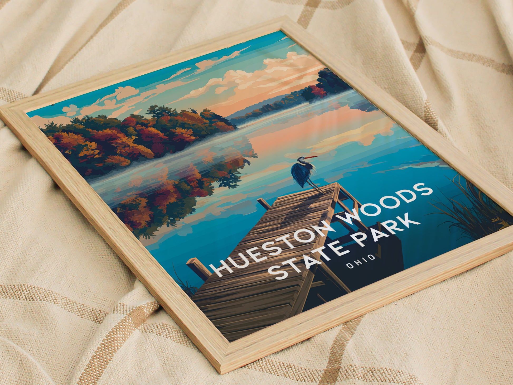 Hueston Woods State Park, Ohio Poster | Forest Lake Wilderness Retreat Wall Art — styled in a modern interior