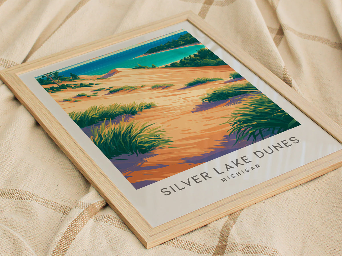 Silver Lake Dunes Matte Border Poster | Michigan Coastal Beach Decor Travel Wall Art — styled in a modern interior