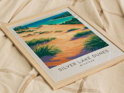 Silver Lake Dunes Matte Border Poster | Michigan Coastal Beach Decor Travel Wall Art — styled in a modern interior