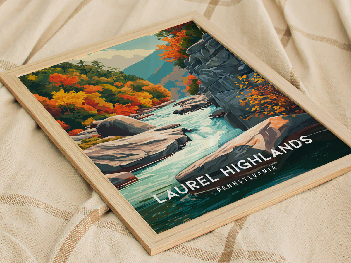 Laurel Highlands, Pennsylvania Poster | Mountain Forest Retreat Framed or Unframed Wall Art — styled in a modern interior