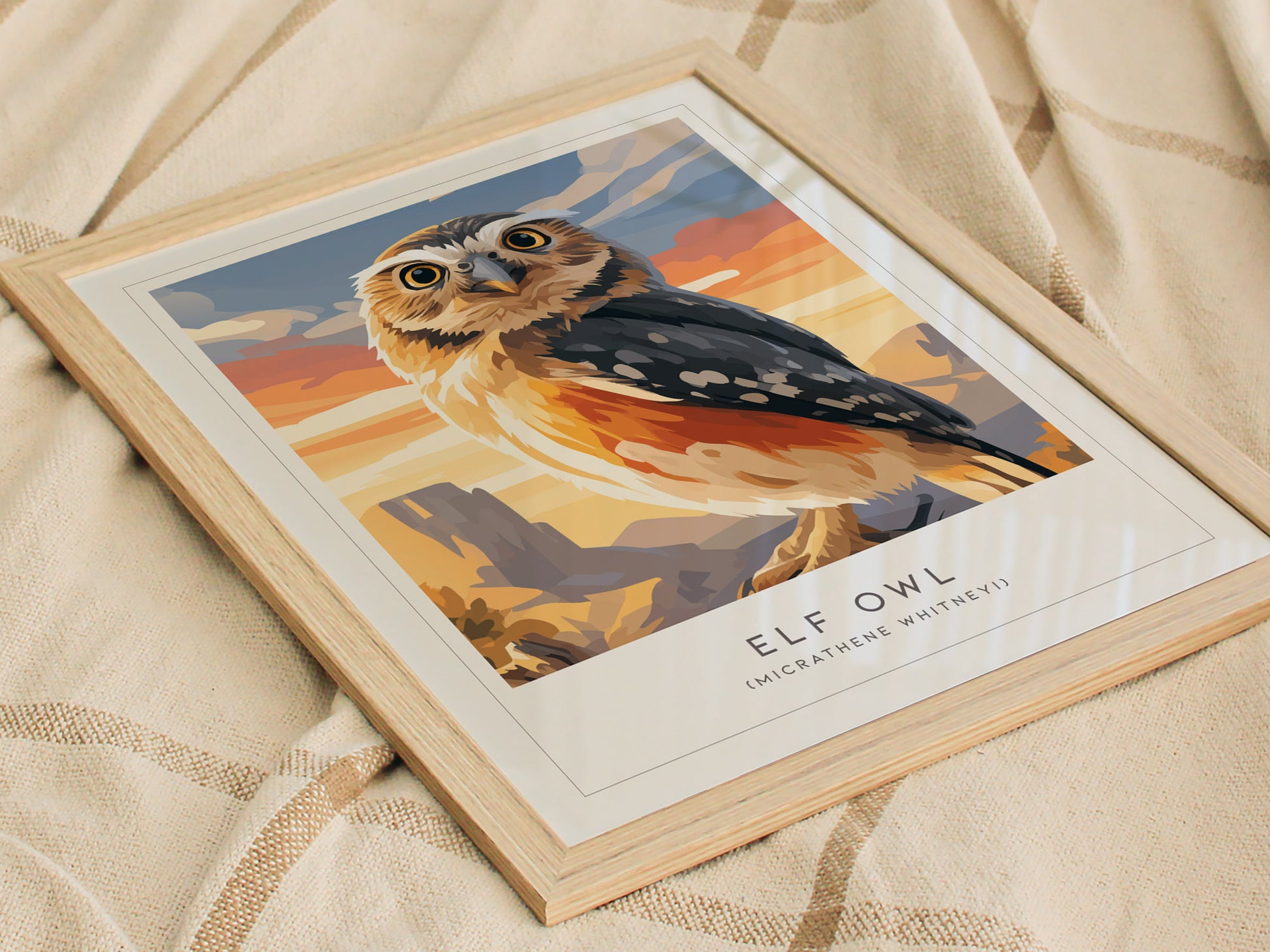 Elf Owl Poster | Desert Night Tiny Owl Wall Art — styled in a modern interior