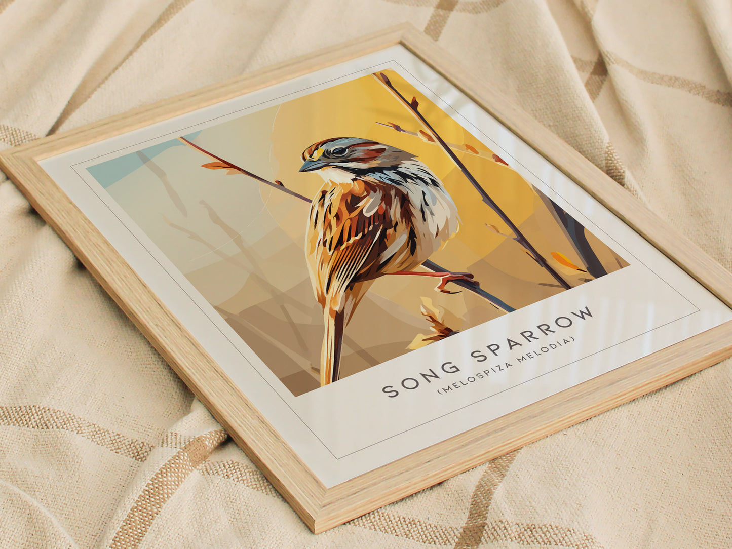 Song Sparrow Poster | Perched Songbird & Wildflower Meadow Wall Art — styled in a modern interior