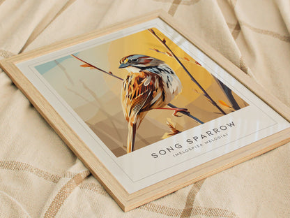 Song Sparrow Poster | Perched Songbird & Wildflower Meadow Wall Art — styled in a modern interior