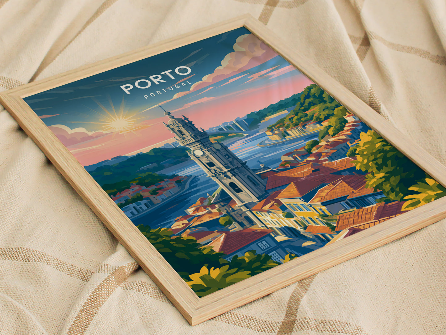 Porto, Portugal Poster | Rabelo Boats & Colorful Riverfront Wall Art — styled in a modern interior
