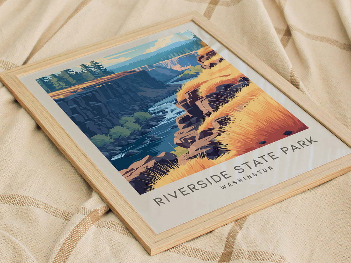 Riverside State Park Matte Border Poster | Washington Travel Wall Art — styled in a modern interior