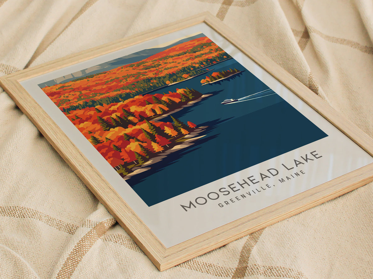 Moosehead Lake Matte Border Poster | Greenville, Maine Destination Print Travel Wall Art — styled in a modern interior