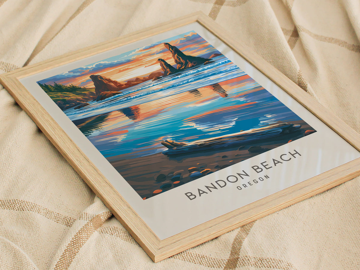 Bandon Beach Matte Border Poster | Oregon Coastal Beach Decor — styled in a modern interior