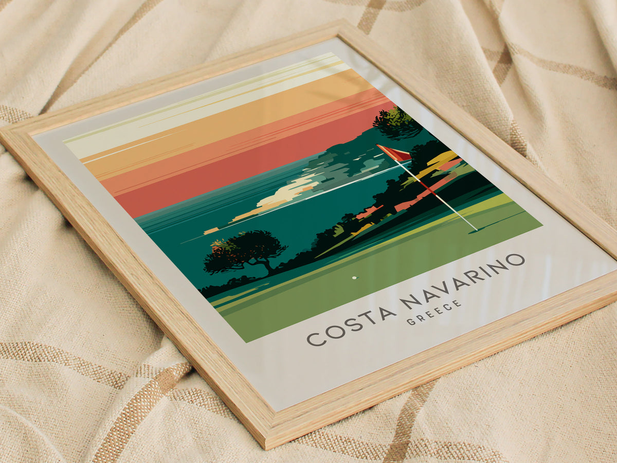 Costa Navarino Matte Border Poster | Greece Golf Course Print & Country Club Decor — styled in a modern interior