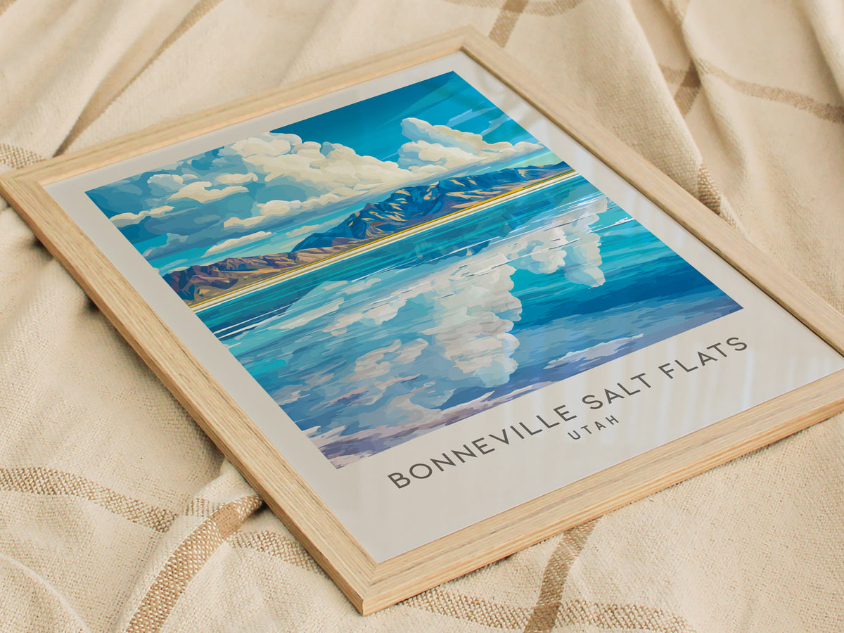 Bonneville Salt Flats Matte Border Poster | Utah Destination Print Travel Wall Art — styled in a modern interior