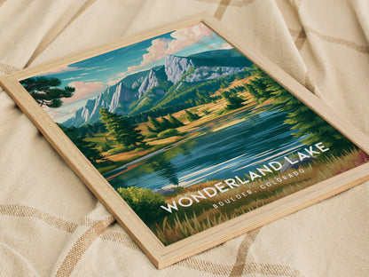 Wonderland Lake, Boulder, Colorado Poster | Mountain Lake Serenity Wall Art — styled in a modern interior