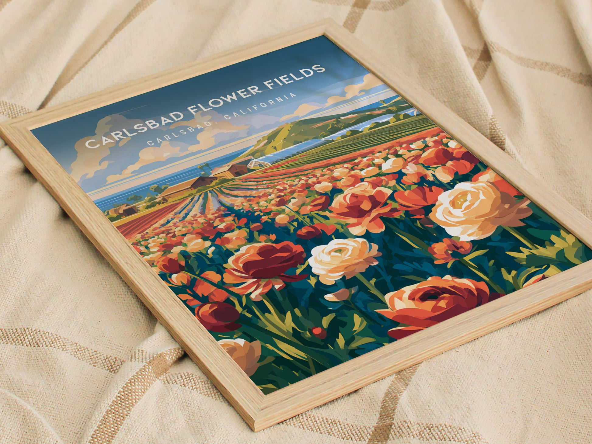 Carlsbad Flower Fields, California Poster | Vibrant Blooms & Coastal Views Wall Art — styled in a modern interior