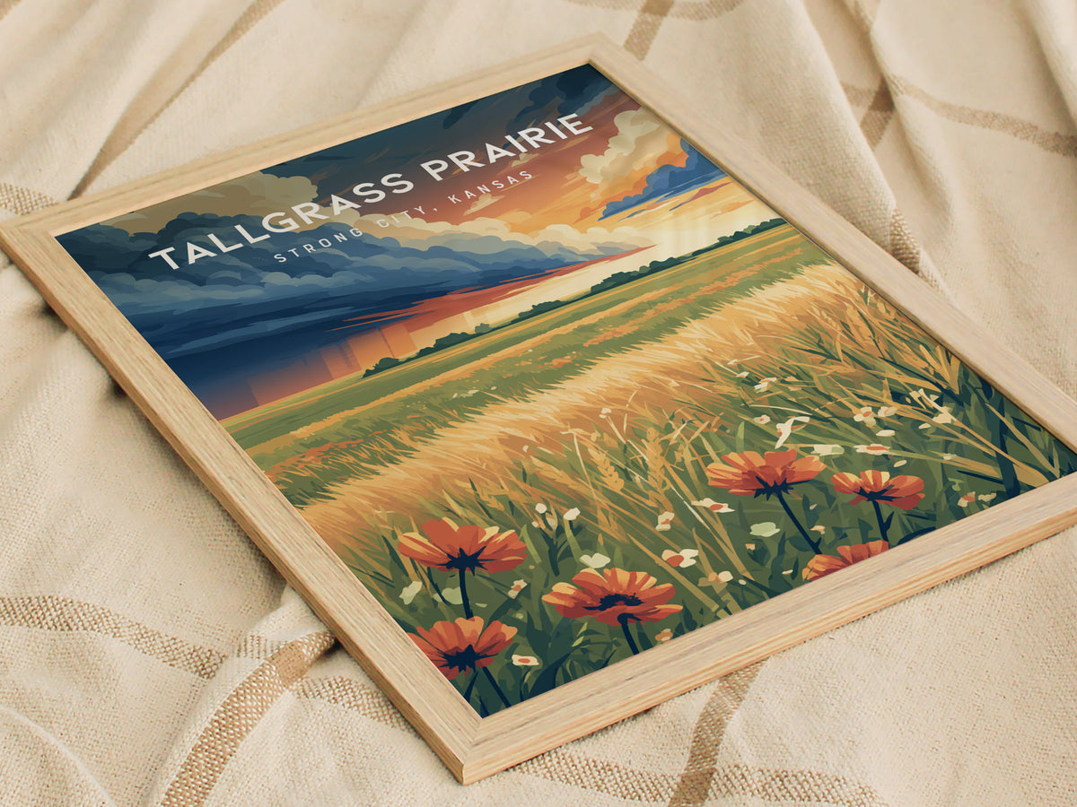 Tallgrass Prairie, Strong City, Kansas Poster | Golden Plains Travel Wall Art — styled in a modern interior