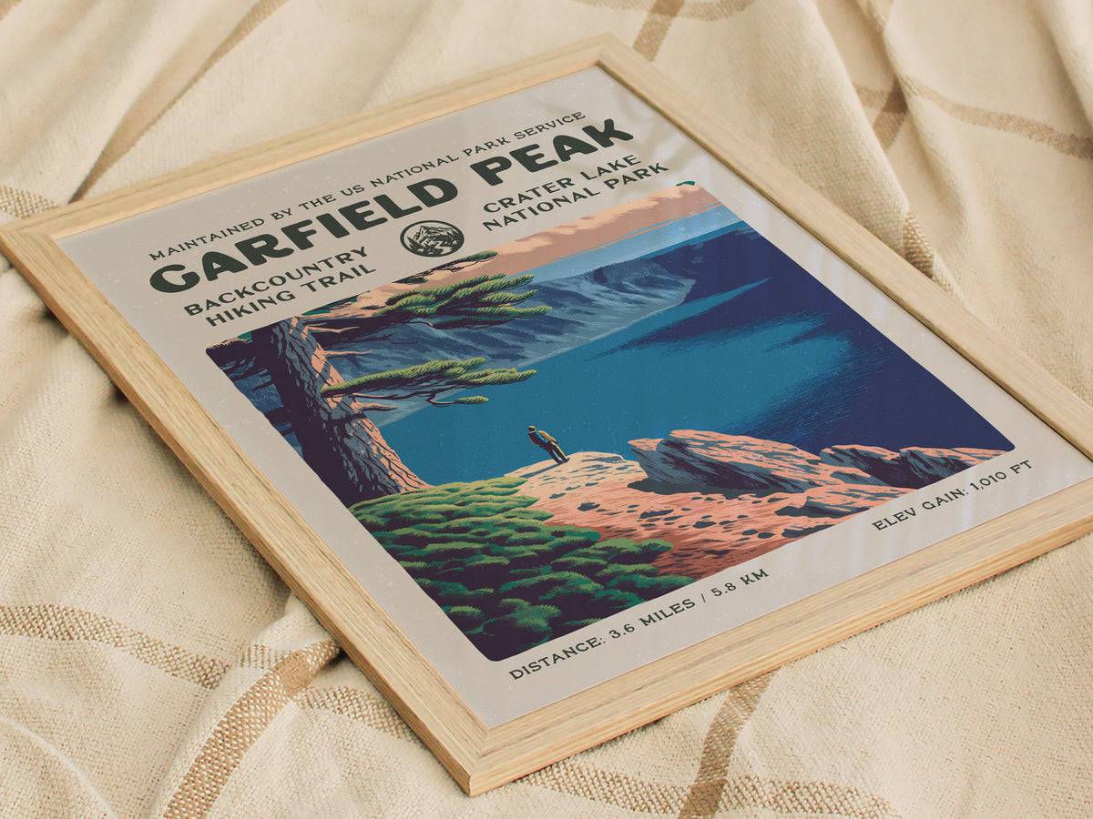 Garfield Peak, Crater Lake National Park Poster | Hiker Gift | Backcountry Trail Wall Art — styled in a modern interior