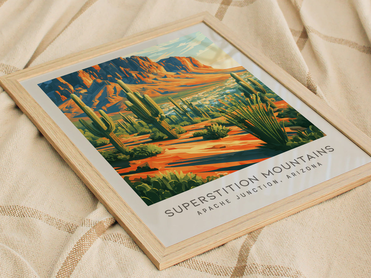 Superstition Mountains Matte Border Poster | Apache Junction, Arizona Travel Wall Art — styled in a modern interior