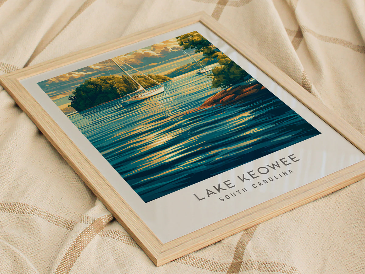 Lake Keowee Matte Border Poster | South Carolina Travel Wall Art — styled in a modern interior