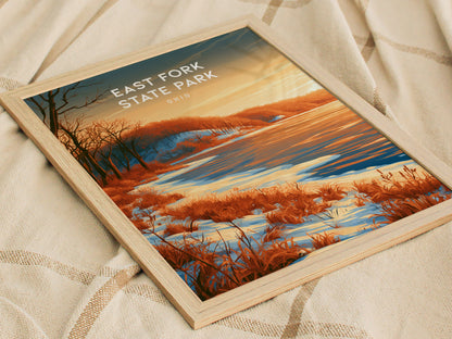 East Fork State Park, Ohio Poster | Lakeside Serenity & Rolling Hills Wall Art — styled in a modern interior