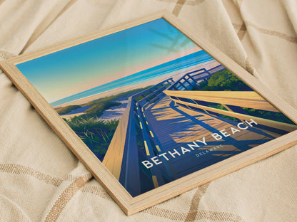 Framed Bethany Beach poster featuring a wooden boardwalk leading to the ocean, with lush greenery and a vibrant sky, resting on a textured fabric surface.
