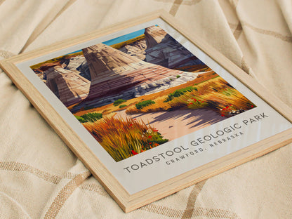 Toadstool Geologic Park Matte Border Poster | Crawford, Nebraska Travel Wall Art — styled in a modern interior