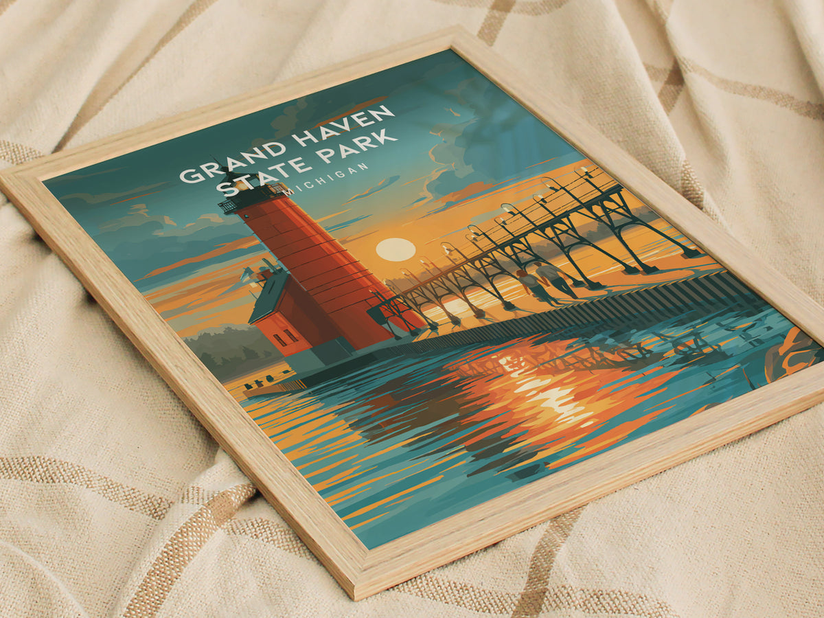 Grand Haven State Park, Michigan Poster | Lighthouse & Pier Beach House Decor Wall Art — styled in a modern interior