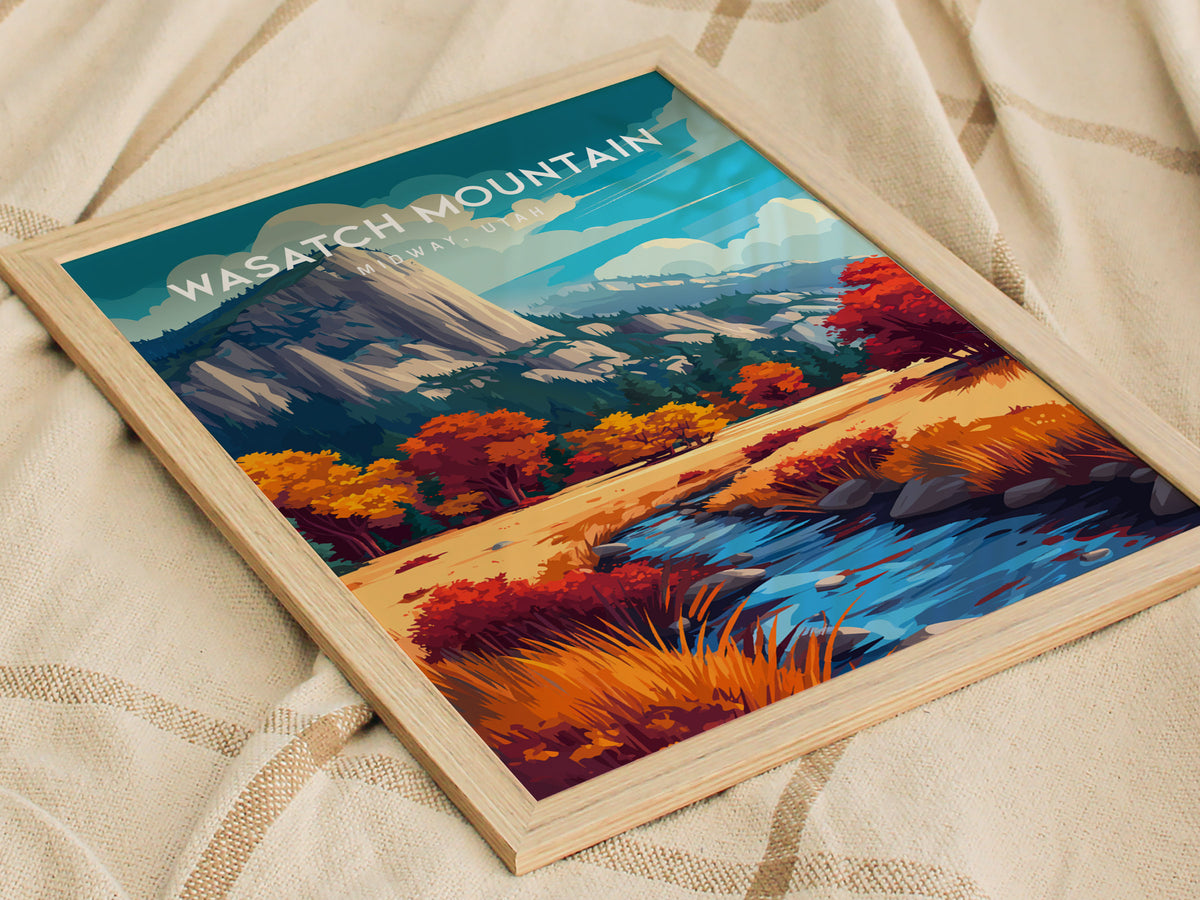 Wasatch Mountain, Midway, Utah Poster | Alpine Meadow & Peak Destination Print Wall Art — styled in a modern interior