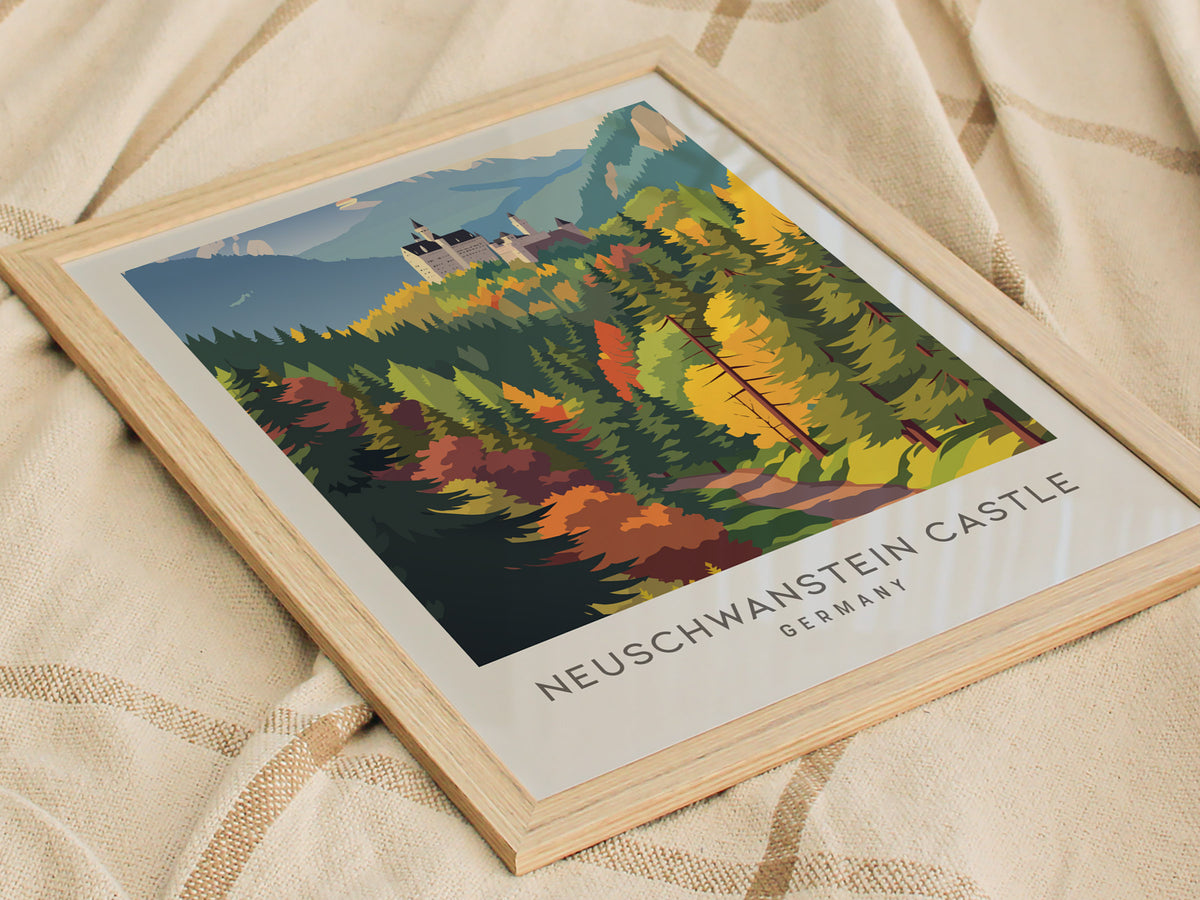Neuschwanstein Castle Matte Border Poster | Germany Destination Print Travel Wall Art — styled in a modern interior