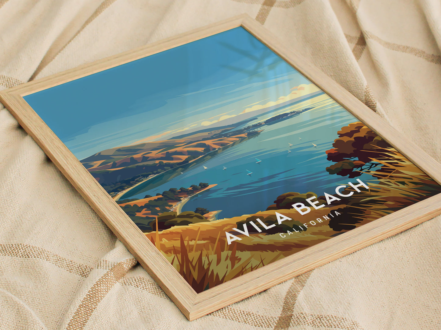 Avila Beach, California Poster | Golden Shore & Pier Coastal Wall Art — styled in a modern interior