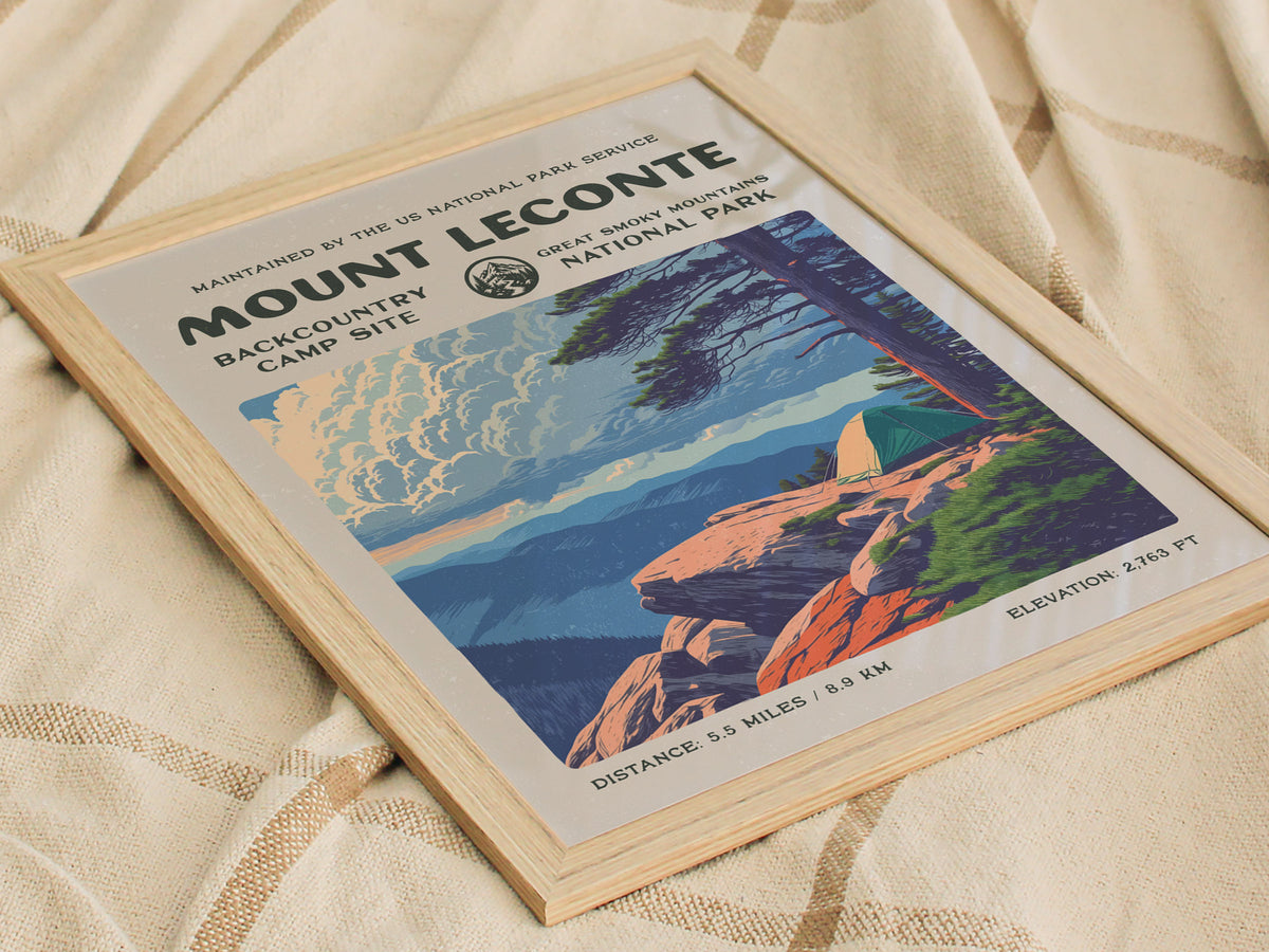 Mount LeConte, Great Smoky Mountains National Park Poster | Hiker Gift | Backcountry Trail Wall Art — styled in a modern inte