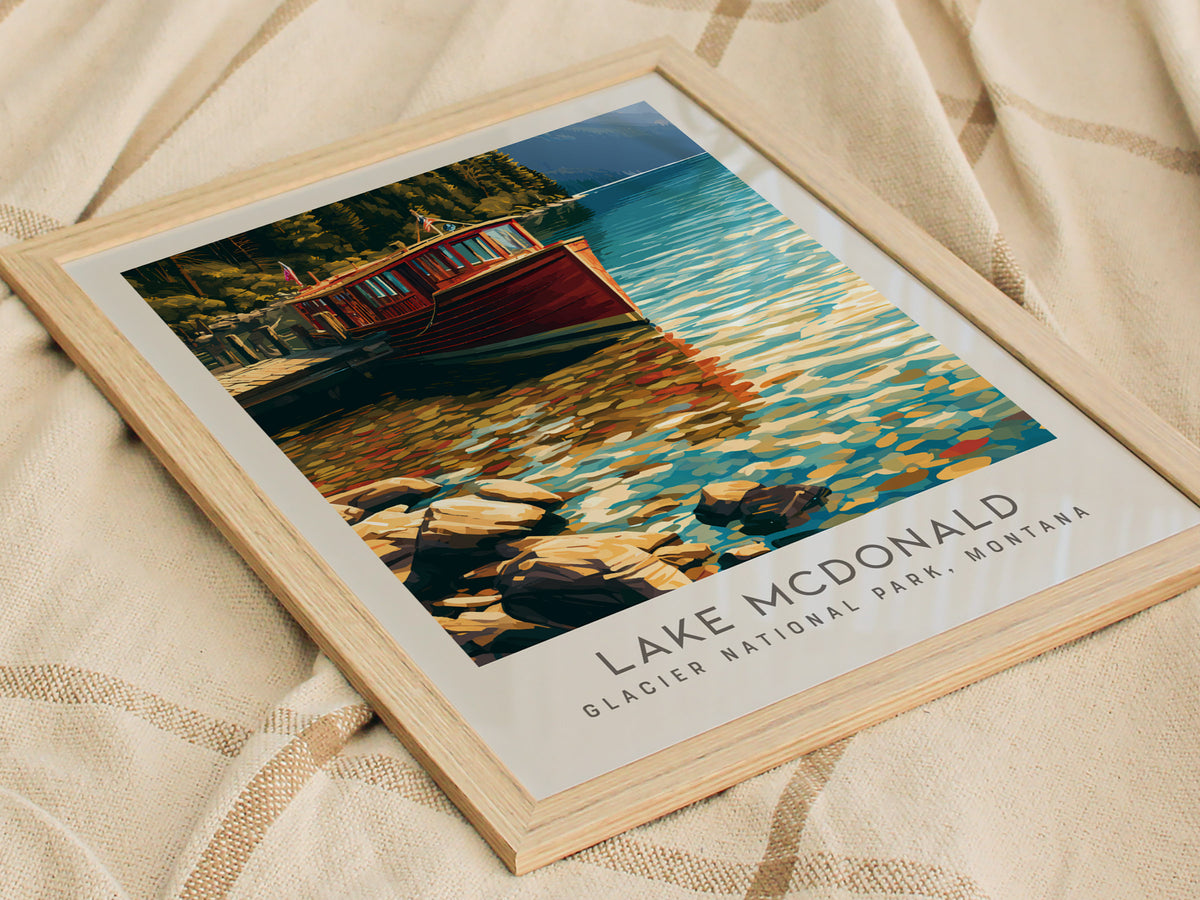 Lake McDonald Matte Border Poster | Glacier National Park, Montana Vacation Wall Art — styled in a modern interior
