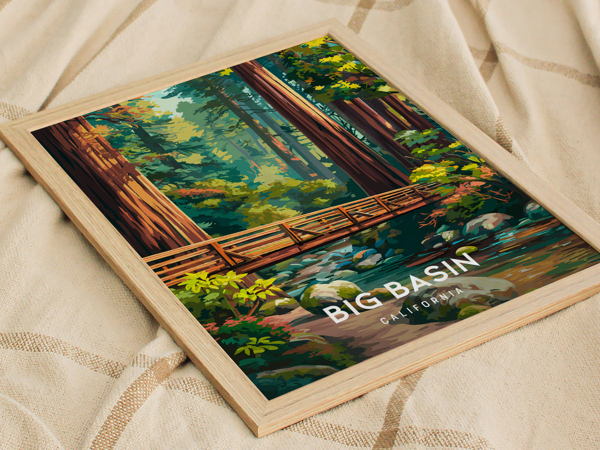 Big Basin Redwoods, California Poster | Towering Redwood Forest Vacation Wall Art — styled in a modern interior