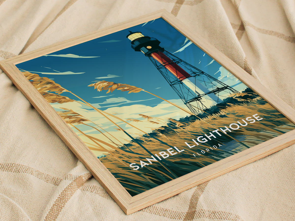 Sanibel Lighthouse, Florida Poster | Gulf Coast Beacon Coastal Decor Wall Art — styled in a modern interior