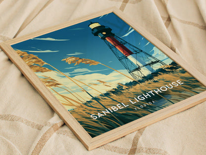 Sanibel Lighthouse, Florida Poster | Gulf Coast Beacon Coastal Decor Wall Art — styled in a modern interior