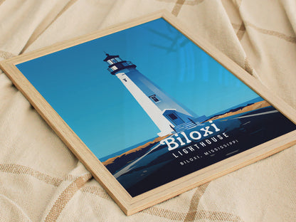 Framed artwork of Biloxi Lighthouse in Mississippi, featuring a bold, minimal vector design with a bright blue sky, placed on a patterned fabric surface.