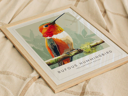 Rufous Hummingbird, Selasphorus rufus Poster | Vibrant Bird Wall Art — styled in a modern interior