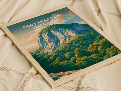 Pilot Mountain State Park, Pinnacle, North Carolina Poster | Rugged Peak & Forest Travel Wall Art — styled in a modern interi