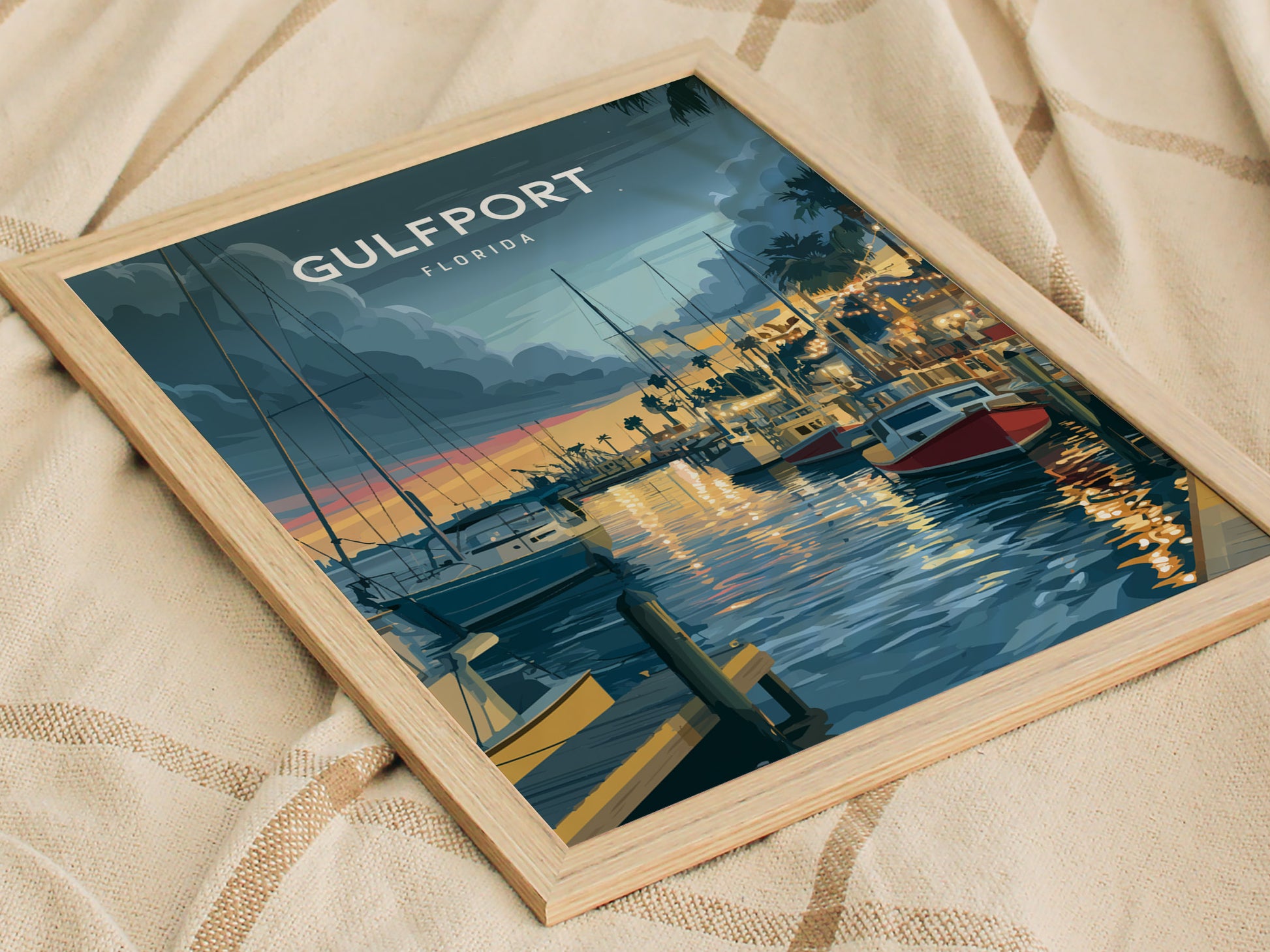 Gulfport, Florida Poster | Charming Waterfront Village Sunset Wall Art — styled in a modern interior