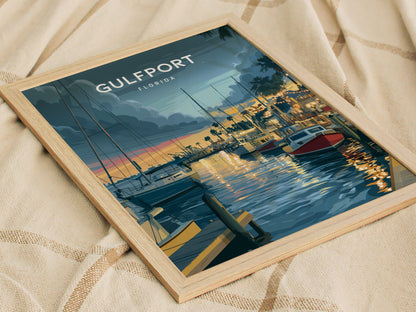 Gulfport, Florida Poster | Charming Waterfront Village Sunset Wall Art — styled in a modern interior