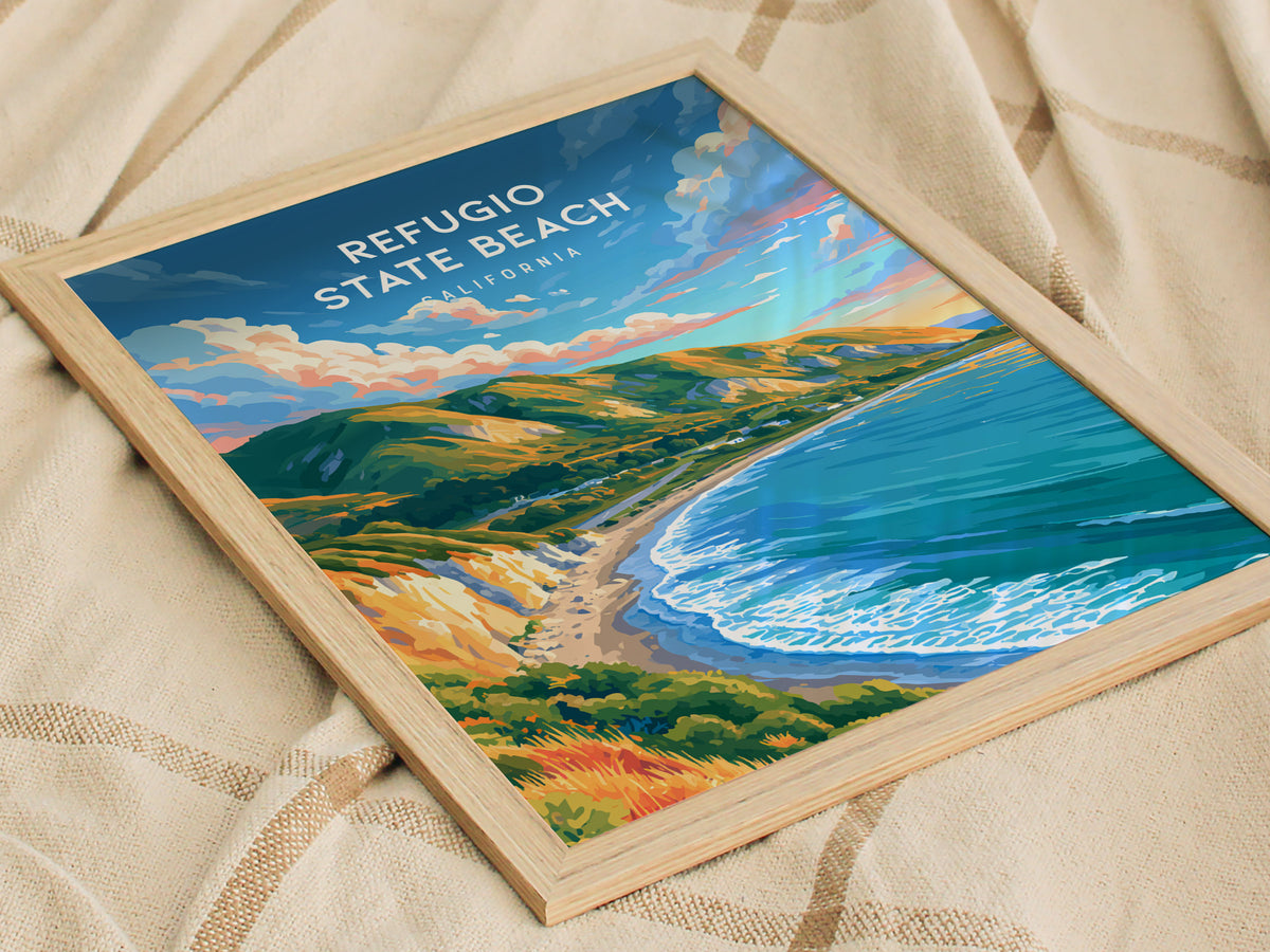 Refugio State Beach, California Poster | Golden Bluffs & Ocean Breeze Wall Art — styled in a modern interior