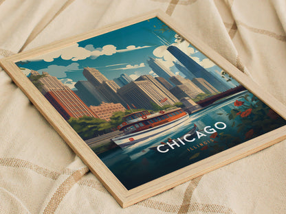 Framed poster of Chicagos skyline along the Riverwalk, featuring a boat on the water and vibrant skyscrapers under a cloudy sky, resting on a patterned fabric.