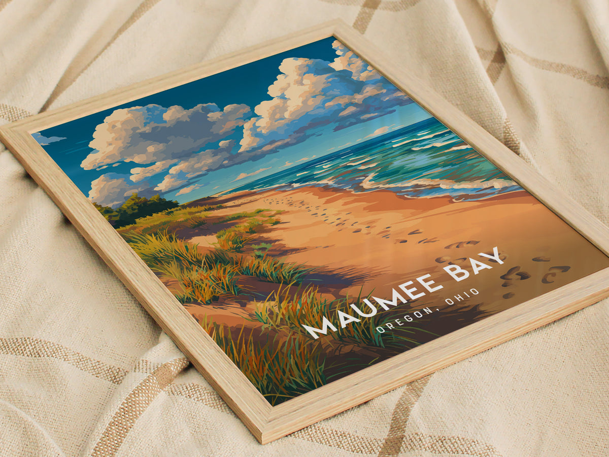 Maumee Bay, Oregon, Ohio Poster | Lakeside Marshland Sunset Wall Art — styled in a modern interior