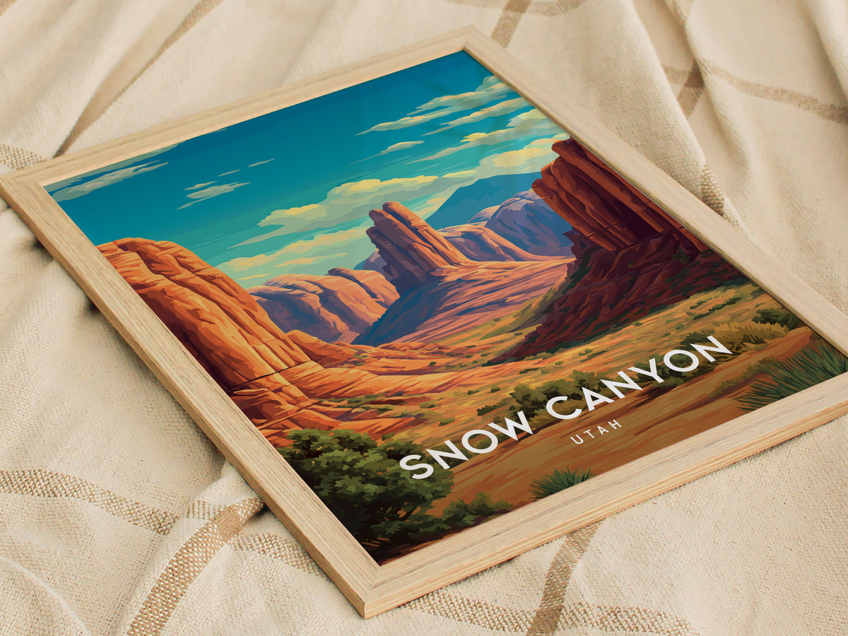 Snow Canyon, Utah Poster | Red Rock Desert Destination Print Wall Art — styled in a modern interior