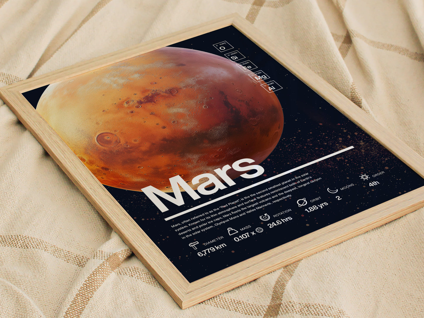Framed Mars poster on a beige fabric background, displaying a detailed image of the planet with its name and key statistics in white text.