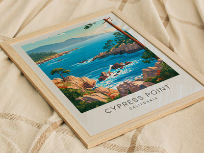Cypress Point Matte Border Poster | California Vacation Wall Art Beach House Decor — styled in a modern interior
