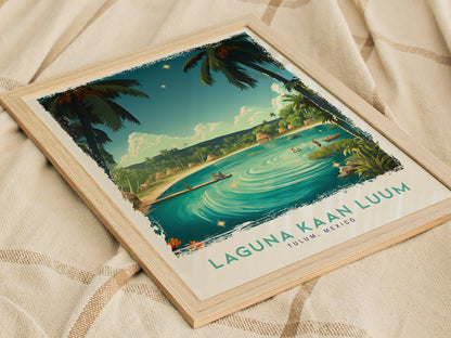Framed poster of Laguna Kaan Luum featuring a turquoise lagoon, wooden pier, and lush greenery under a blue sky with clouds, set on a textured fabric surface.