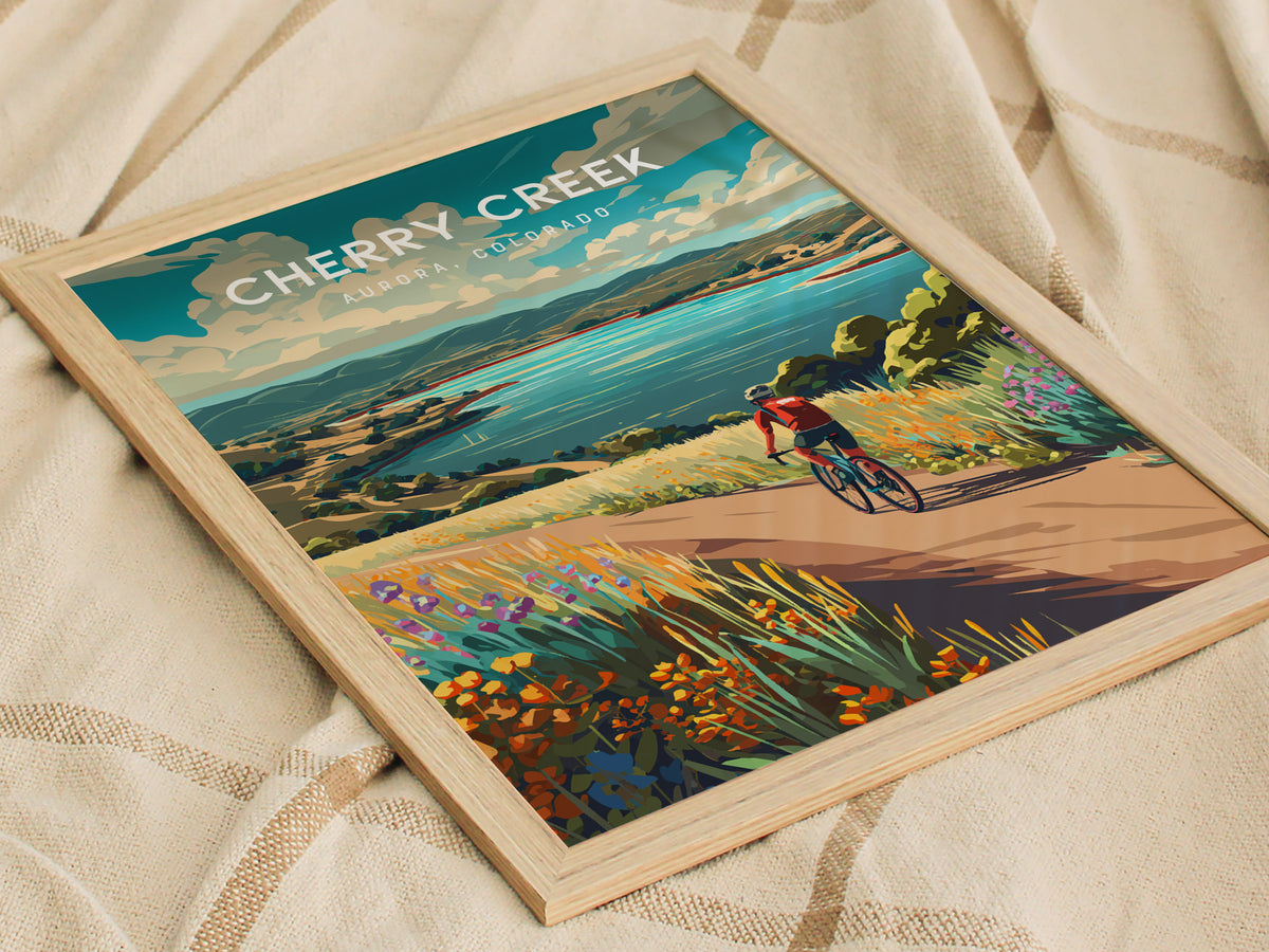 Cherry Creek, Aurora, Colorado Poster | Lakeside Retreat Framed or Unframed Wall Art — styled in a modern interior