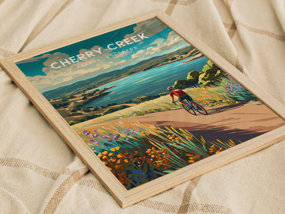 Cherry Creek, Aurora, Colorado Poster | Lakeside Retreat Framed or Unframed Wall Art — styled in a modern interior