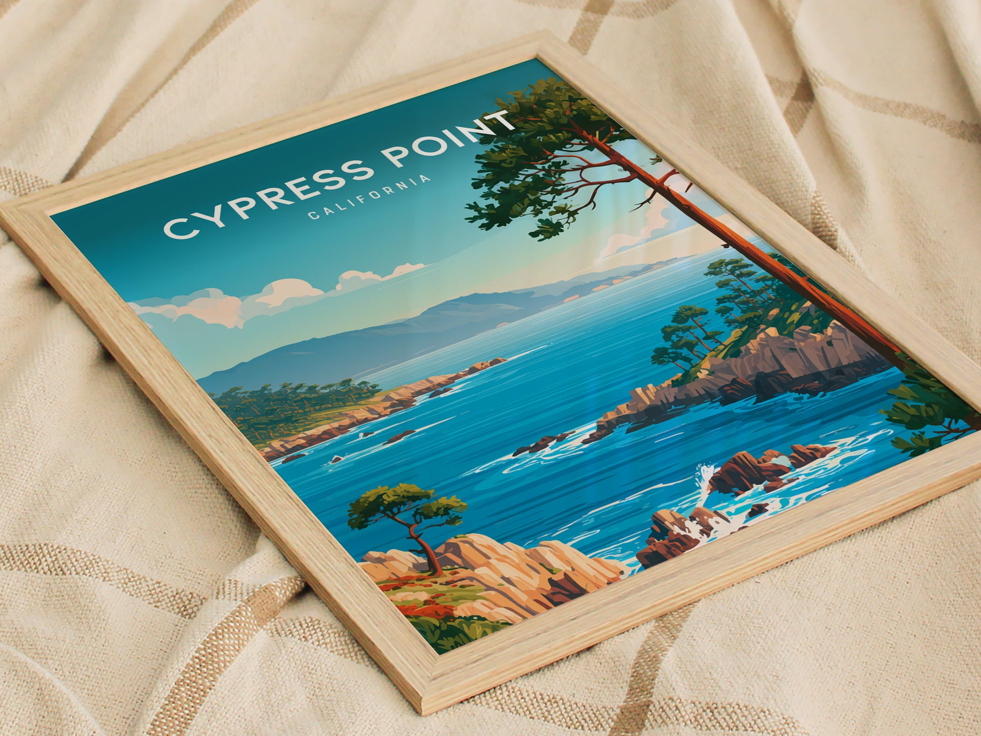 Cypress Point, California Poster | Coastal Beach Decor Travel Gift Wall Art — styled in a modern interior