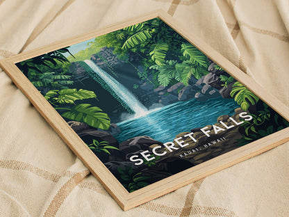 Secret Falls Poster | Kauai Hawaii Uluwehi Waterfall Art | Island Gift