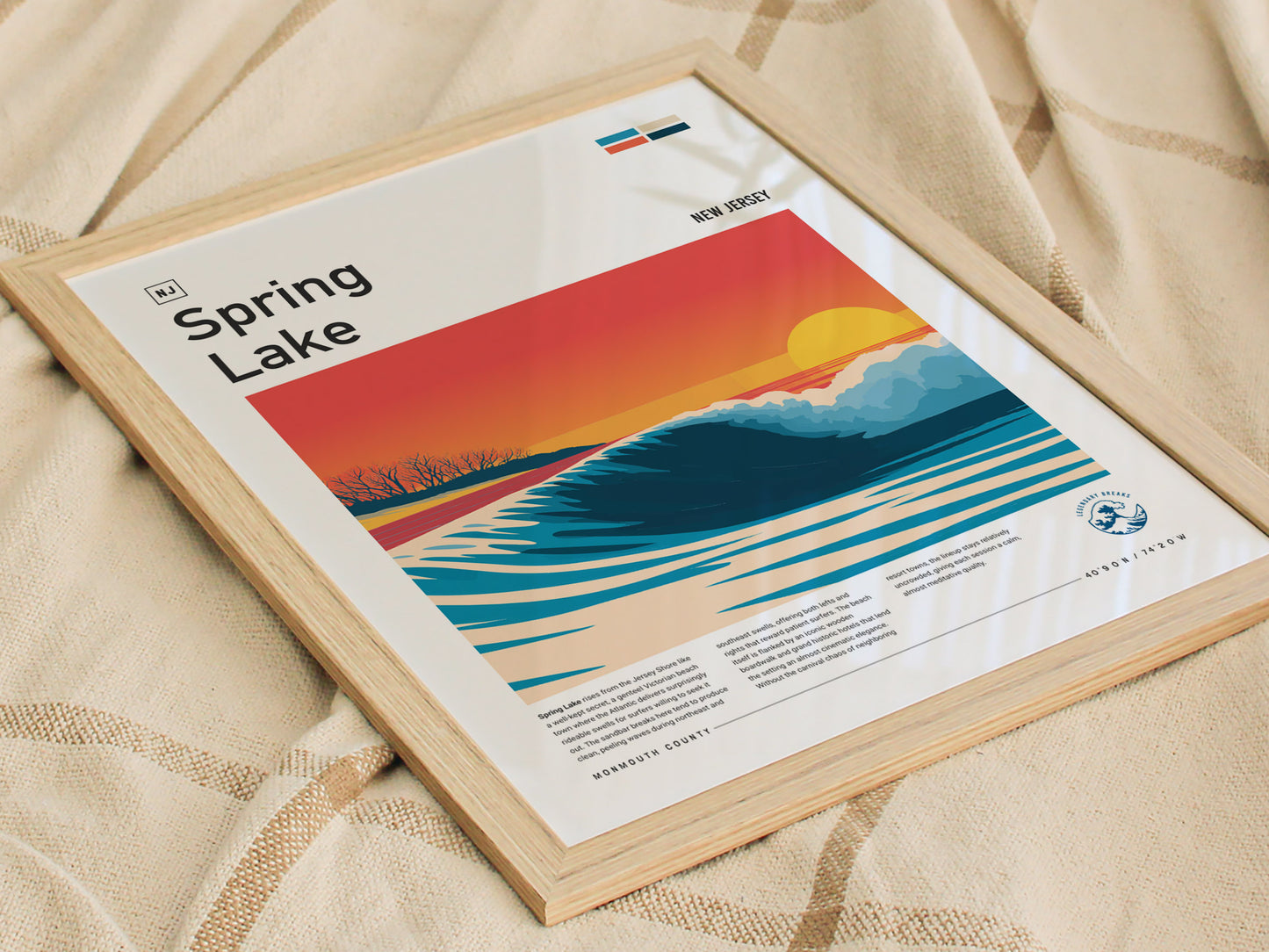 Spring Lake, New Jersey Poster | Surf Wall Art & Coastal Charm Print — styled in a modern interior